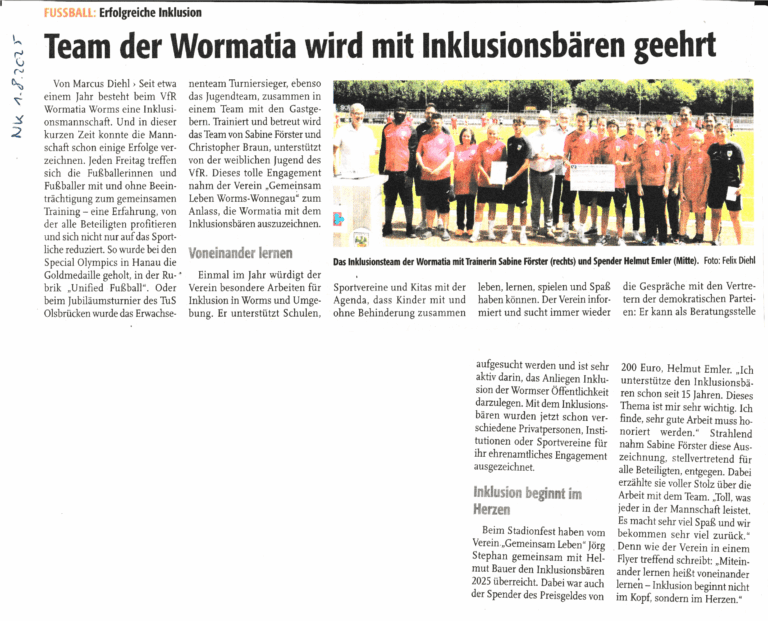 Zeitungsartikel Team der Wormatia wird mit Inklusionsbären geehrt